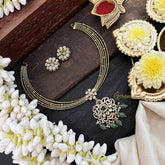 Vriksham Traditional Gold-Plated With Floral AD Stone Pendant Hasli Choker-Green-Green Bead-G20527
